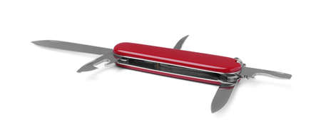 Red compact portable multitool isolated on white