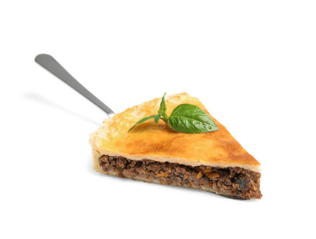 Piece of delicious pie with minced meat isolated on whiteの写真素材