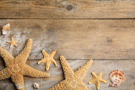 Beautiful sea stars, shells and sand on wooden background, flat lay. Space for textの写真素材