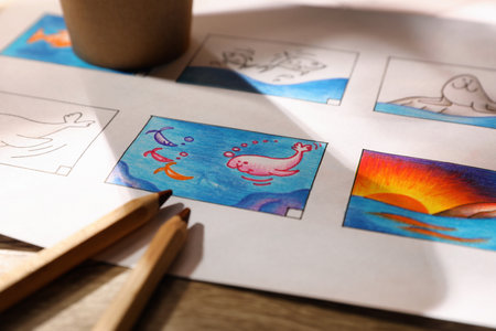 Storyboard with cartoon sketches at workplace, closeup. Pre-production processの写真素材