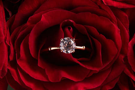 Beautiful engagement ring with gemstone on rose, closeup
