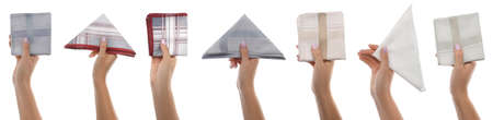 Collage with photos of women holding different handkerchiefs on white background, closeup. Banner...