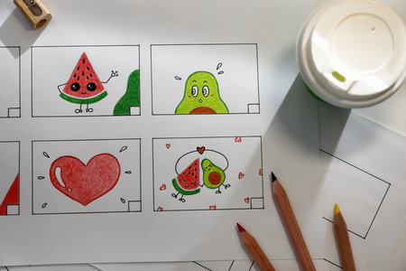 Storyboard with cartoon sketches at workplace, flat lay. Pre-production processの写真素材