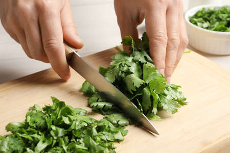 Woman cutting fresh green cilantro at table, closeupの写真素材