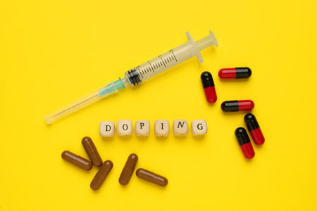 Wooden cubes with word Doping and drugs on yellow background, flat layの写真素材