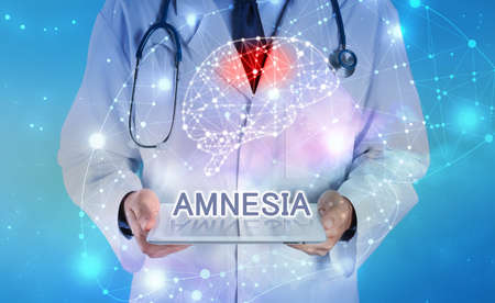 Amnesia therapy. Illustration of human brain and doctor with tablet on light blue background, closeupの写真素材
