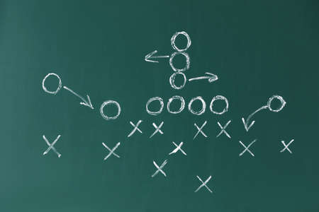 Scheme of football game drawn on green chalkboardの写真素材