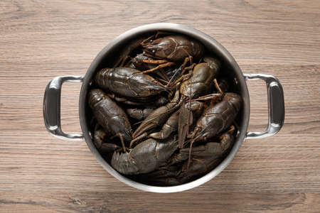 Fresh raw crayfishes in pot on wooden table, top viewの写真素材