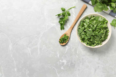 Fresh green cilantro on light gray marble table, flat lay. Space for text