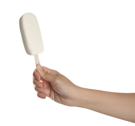 Woman holding ice cream with glaze on white background, closeupの写真素材