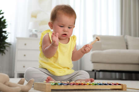 Cute little redhead baby playing with xylophone at homeの写真素材