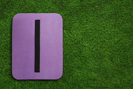 Violet foam tourist seat mat on green grass, top view. Space for textの写真素材
