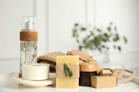Eco friendly personal care products on white table indoorsの写真素材