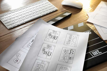 Storyboards with cartoon sketches at workplace.の写真素材