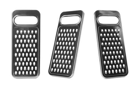 Stainless steel graters on white background, collageの写真素材