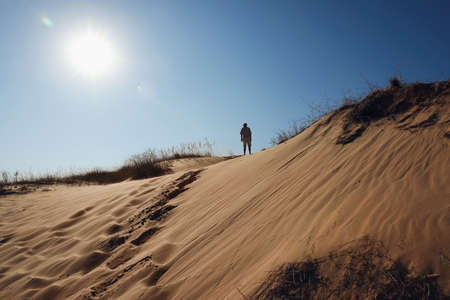 Man in desert on sunny day, back viewの写真素材