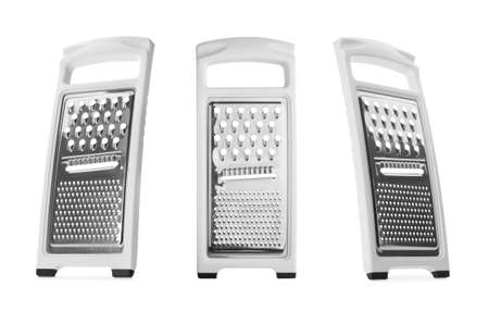 Stainless steel graters on white background, collageの写真素材