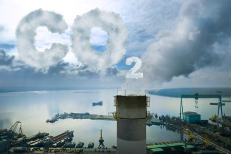 Inscription CO2 made of smoke. Aerial view of industrial factoryの写真素材