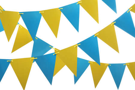 Rows of triangular bunting flags on white background. Festive decorの写真素材