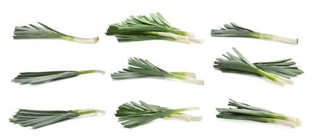 Set with fresh raw leeks on white background. Banner designの写真素材