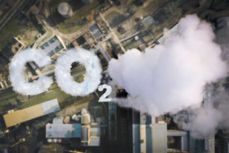 Inscription CO2 made of smoke. Aerial view of industrial factoryの写真素材