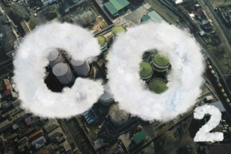 Inscription CO2 made of smoke. Aerial view of industrial factoryの写真素材