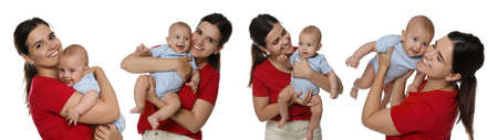 Collage with photos beautiful mother and her cute baby on white background. Banner designの写真素材