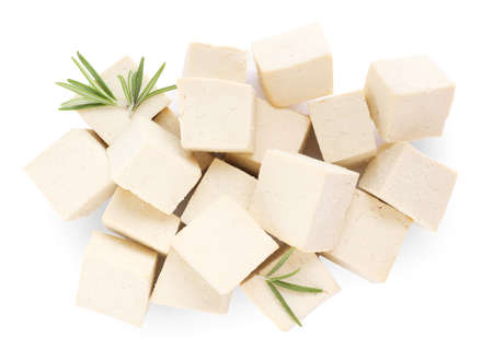 Delicious tofu and rosemary on white background, top viewの写真素材