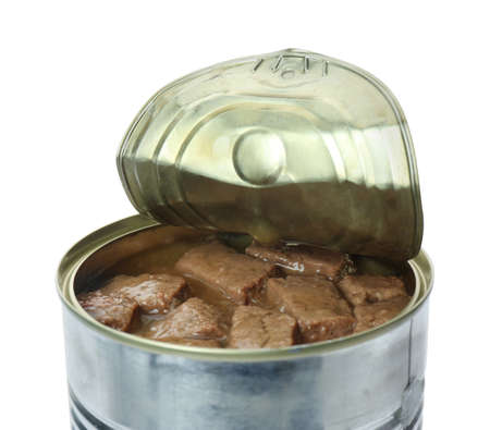 Tin can of wet pet food isolated on whiteの写真素材