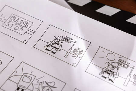 Storyboard with cartoon sketches at workplace, closeup. Pre-production processの写真素材