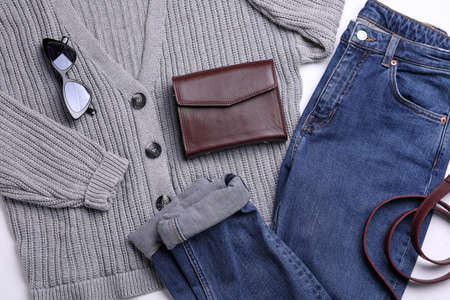 Fall and winter fashion. Layout with woman's outfit, top viewの写真素材