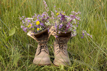 Boots with beautiful wild flowers on grassの写真素材