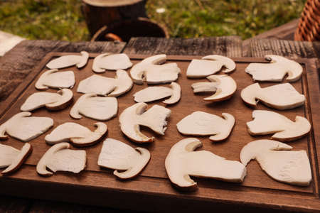 Slices of mushrooms on wooden board outdoors, closeupの写真素材