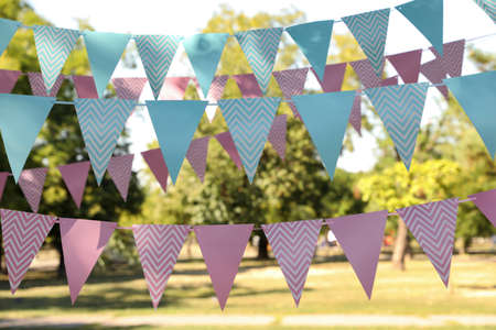 Colorful bunting flags in park. Party decorの写真素材