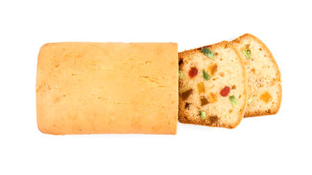 Delicious cake with candied fruits on white background, top viewの写真素材