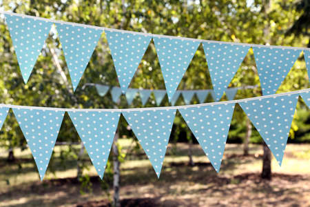 Light blue bunting flags in park. Party decorの写真素材