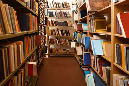 Collection of different books on shelves in libraryの写真素材