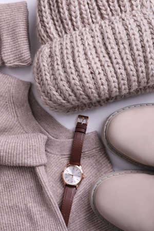 Fall and winter fashion. Layout with woman's outfit, top view