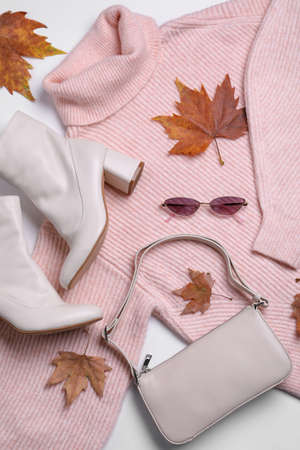 Fall and winter fashion. Layout with woman's outfit on white background, top viewの写真素材