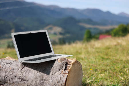 Laptop on wooden log in mountains, space for text. Distance workの写真素材