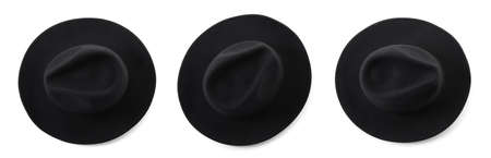 Set with stylish black hats on white background, top view. Banner designの写真素材