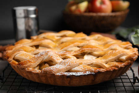 Delicious traditional apple pie on table closeupの写真素材