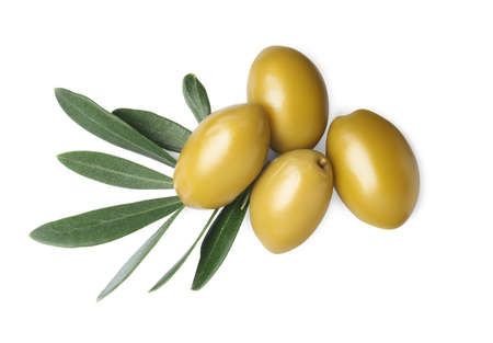 Olives with green leaves on white background, top viewの写真素材