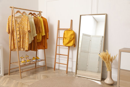 Modern room with clothes rack and big mirror. Interior designの写真素材