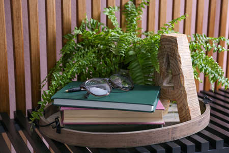 Stylish tray with books, glasses and houseplant on wooden shelfの写真素材