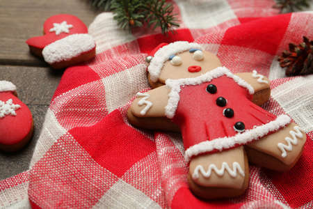 Delicious Christmas cookies on wooden table, closeupの写真素材