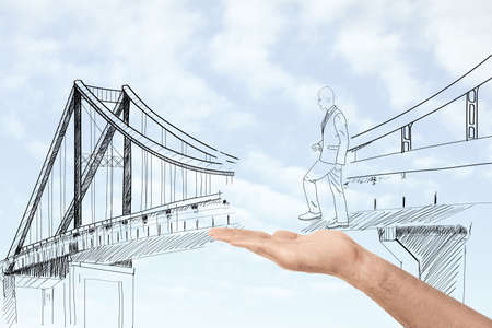 Man holding hand to help drawn businessman cross unfinished bridge, illustration. Support and cooperation conceptの写真素材