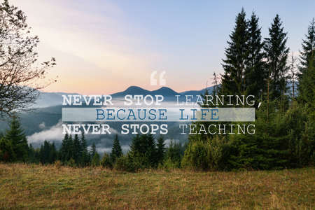 Never Stop Learning, Because Life Never Stops Teaching. Motivational quote saying that knowledge comes from everywhere every day. Text against beautiful mountain landscapeの写真素材