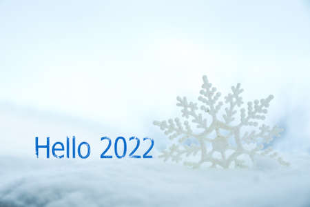 Hello 2022. Beautiful decorative snowflake in white snowの写真素材