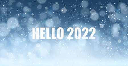 Text Hello 2022 on blue background, bokeh effect. Banner design